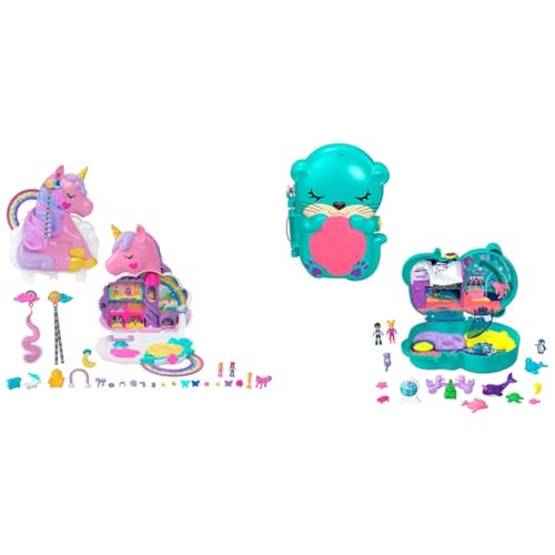 Polly Pocket HMX18 - Mini-Spielzeug, Regenbogen-Einhorn-Salon-Styling-Kopf und Schatullen-Spielset & HCG16 - Otter Aquarium, Aquarium-Thema mit Micro Polly & Nicolas Puppen von Polly Pocket