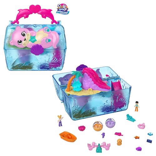 Polly Pocket Glitzerbucht Abenteuer Insel Schatztruhe - Spielset mit 2 Puppen, löslichen Perlen und Zubehör, inklusive Muschelschaukel und Wasserattraktionen, für Kinder ab 4 Jahren, HPV40 von Polly Pocket