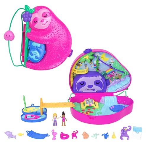 Polly Pocket Faultierfamilie 2-in-1 Taschenschatulle - Tropisches Abenteuer mit 12 Accessoires, Dschungelspielbereiche und versteckter Strand, für Kinder ab 4 Jahren, HRD40 von Polly Pocket