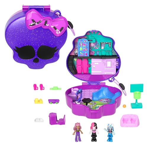 Polly Pocket Monster High Spielset mit 3 kleinen Puppen und 10 Zubehörteilen, Schulwelt im Inneren, tragbares Reisespielzeug mit Aufbewahrungsmöglichkeit, HVV58 von Polly Pocket