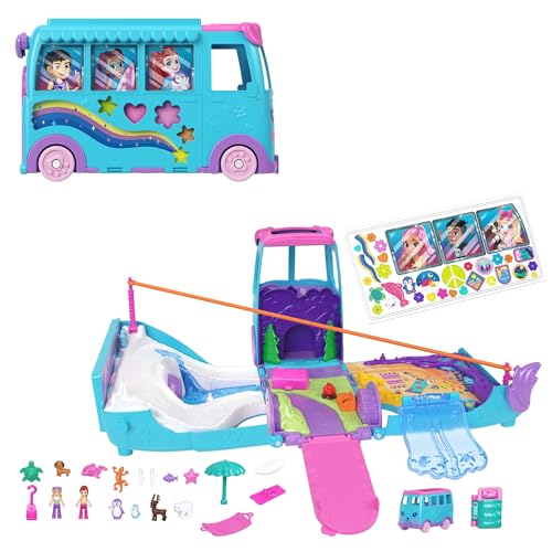 Polly-Pocket-Mikropuppen und umwandelbarer Camper, mit Accessoires wie Haustieren und Spielzeugauto, mobiles Haustier-Abenteuer-Spielset, JCC22 von Polly Pocket