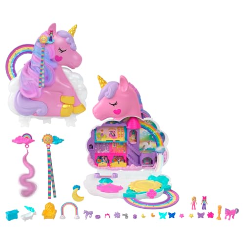 Polly Pocket Mini-Spielzeug, Regenbogen-Einhorn-Salon-Styling-Kopf und Spielset mit 2 kleinen Puppen, über 20 Zubehörteilen und beweglichen Spielelementen, HYD97, [Mehrfarbig] von Polly Pocket