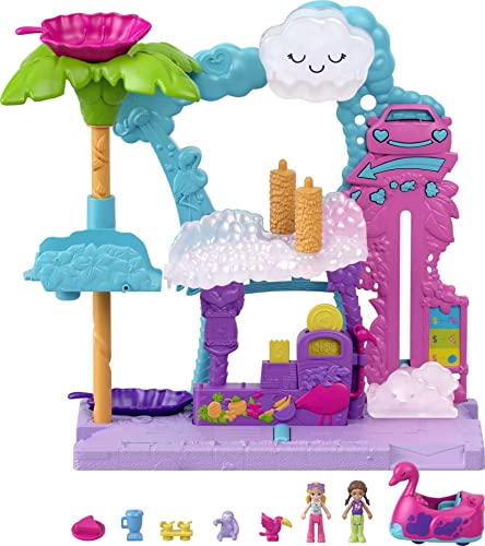 Polly Pocket HHJ05 - Pollyville Flamingo-Spaß Auto-Waschanlage, Spielset mit 2 Puppen, 2 Tier-Figuren, 1 Flamingo-Fahrzeug mit Farbwechsel-Effekt und Zubehör, Spielzeug für Kinder ab 4 Jahren von Polly Pocket