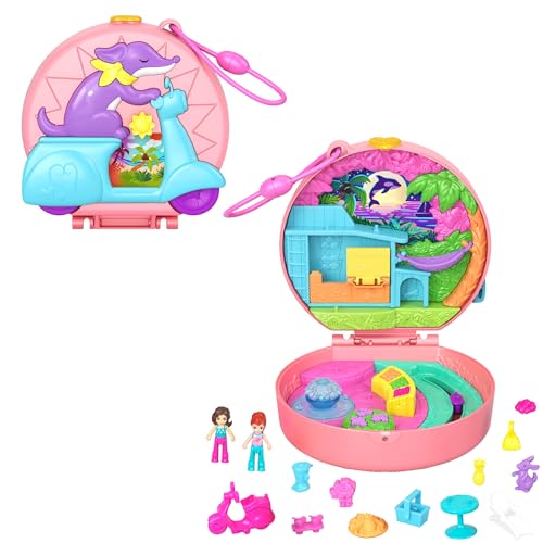 Polly Pocket-Puppen und Spielset, Adventure Moped-Schatulle, Reisespielzeug mit 2 kleinen Puppen und Tier, Zubehörteile für Tier und Fahrzeug, HWN98 von Polly Pocket