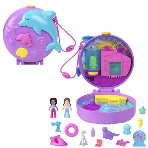 Polly Pocket Puppen und Spielset, Delfin Retten und Spielen Schatulle, Tierspielzeug mit 2 kleinen Puppen und Meerestieren, Zubehörteile rund um das Thema Meer, HWN96 von Polly Pocket