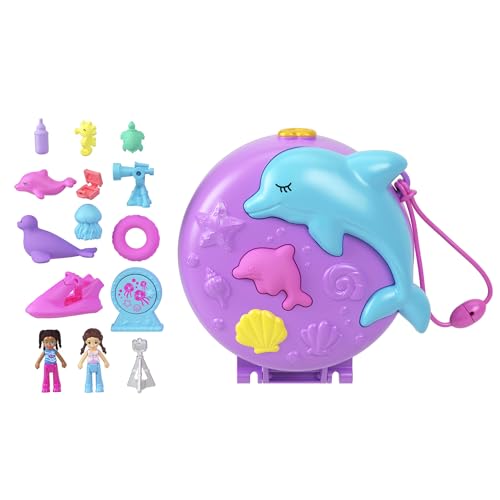 Polly Pocket Puppen und Spielset, Delfin Retten und Spielen Schatulle, Tierspielzeug mit 2 kleinen Puppen und Meerestieren, Zubehörteile rund um das Thema Meer, HWN96 von Polly Pocket