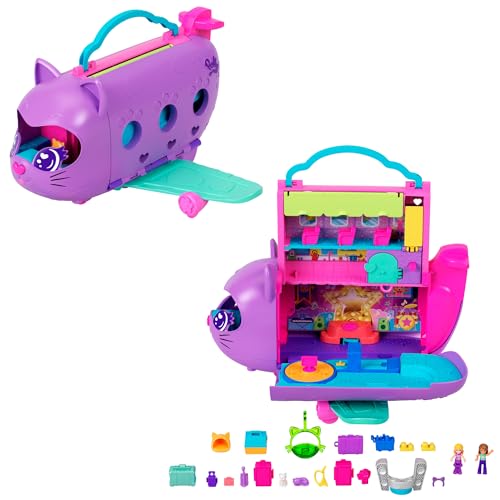 Polly Pocket Puppen und Spielset, Kitty Airways Flugzeug, Reisespielzeug mit 2 kleinen Puppen und Tier, Drehbühne und Zubehörteilen, HWP19 von Polly Pocket