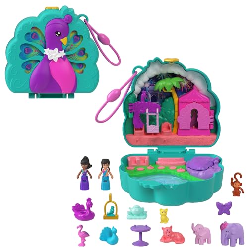 Polly Pocket-Puppen und Spielset, Peacock Garden-Schatulle, Reisespielzeug mit 2 kleinen Puppen und Tieren, Zubehörteile für Tiere, HWN97 von Polly Pocket