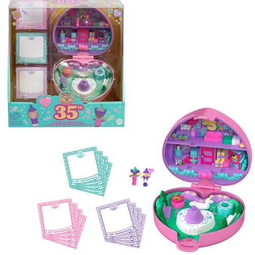 Polly Pocket Puppen und Spielset, Sammler Nostalgie Schatulle, 35. Geburtstag Party-Stempel Schatulle mit 2 Puppen, 3 Party-Stempeln und 12 Karten, HWP20 von Polly Pocket