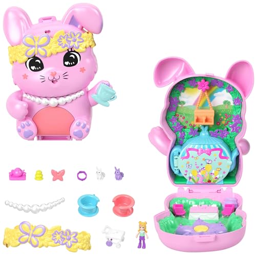 Polly Pocket Puppen und Spielset, Teeparty-Häschen-Schatulle, Spielzeug für unterwegs mit 1 kleinen Puppe, Häschen, Zubehör für Styling und Essen, JCR40 von Polly Pocket