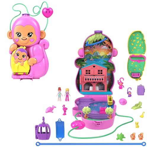 Polly Pocket Puppen & Spielset mit Tieren und 13 Accessoires, 2-in-1 Affenmama und Baby, tragbare Tasche und Tierspielzeug, HWP04 von Polly Pocket