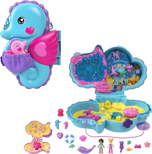 Polly Pocket-Puppen und Spielset mit Tieren und 13 Zubehörteilen, 2-in-1 Daddy and Me Seepferdchenschatulle, tragbare Tasche und Tierspielzeug, mit Shani, HWP03 von Polly Pocket