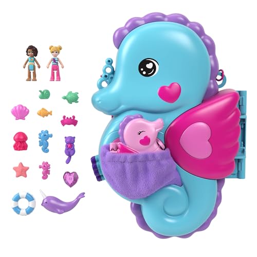 Polly Pocket-Puppen und Spielset mit Tieren und 13 Zubehörteilen, 2-in-1 Daddy and Me Seepferdchenschatulle, tragbare Tasche und Tierspielzeug, mit Shani, HWP03 von Polly Pocket