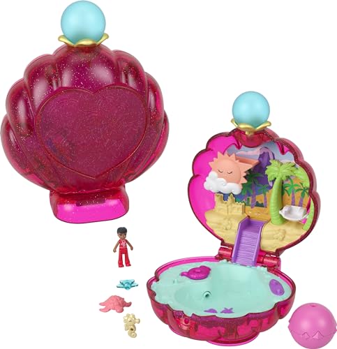 Polly Pocket Puppen & Zubehör, Reisespielzeug mit Wasserspiel, Sparkle Beach Shell Compact mit Micro Doll und Ocean Pet von Polly Pocket