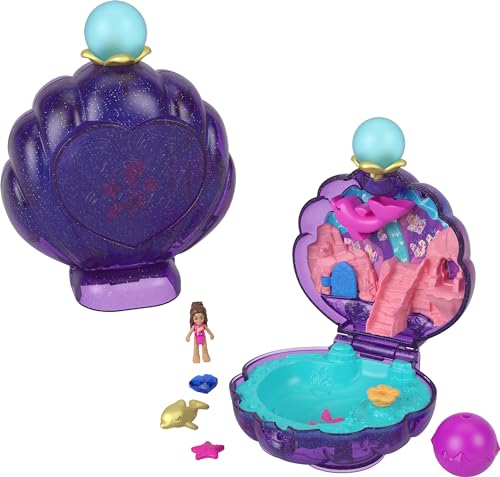 Polly Pocket Puppen & Zubehör, Unterwasser-Lagunenmuschel Kompakt mit Mikro-Puppe & Ozeanhaustier, Reisespielzeug mit Wasserspiel von Polly Pocket