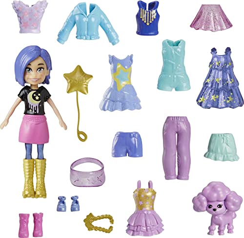 Polly Pocket Reisespielzeug mit 7,6 cm großer Puppe und 18 Zubehörteilen, Welpe und Star-Themed Fashion Pack Spielset von Polly Pocket