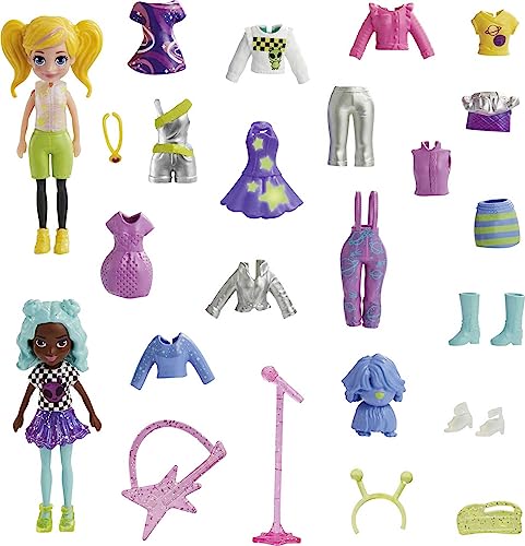 Polly Pocket Reisespielzeug mit zwei 7,5 cm Puppen und 25 Accessoires, Modepaket für den Außenbereich mit 2 glühenden Stücken von Polly Pocket