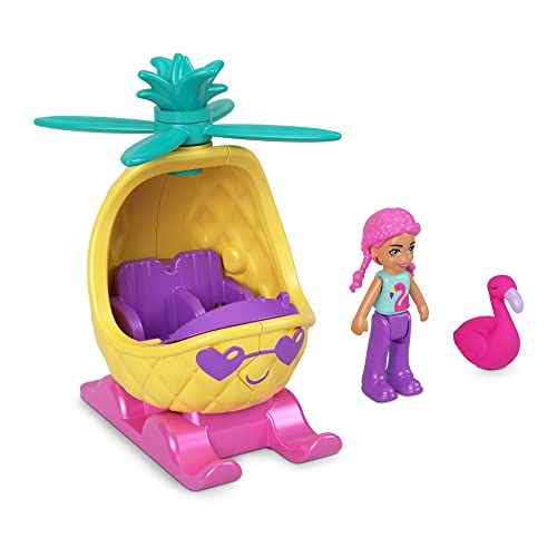 Polly Pocket Sammler-Micro-Mini-Metallfahrzeug, bewegliche Puppe und Haustier-Set – Polly's Friend Puppe mit Ananas-Hubschrauber und Hot Pink Flamingo Sidekick Spielset von Polly Pocket