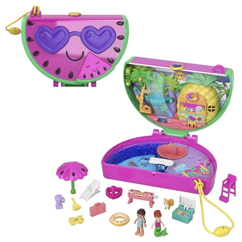 Polly Pocket Schatulle, Wassermelone in Pool-Party Thema, mit 12 Zubehörteile wie 2 Puppen (1 Meerjungfrau), Sonnenschirm und Liegestuhl, Spielzeug ab 4 Jahren, HCG19 von Polly Pocket