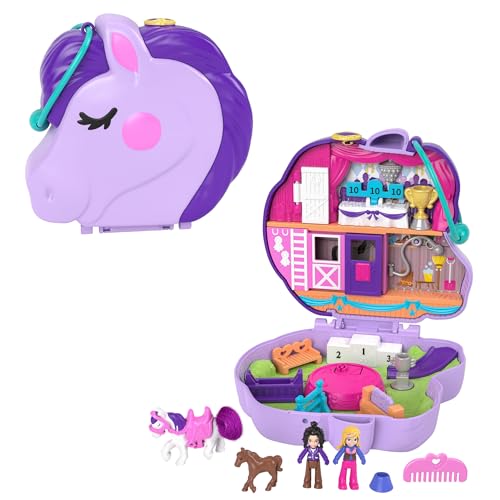 Polly Pocket Schatulle, in Pony Reitturnier Thema, mit 2 kleinen Puppen und 2 Pferden (1 mit Sattel und Schweifhaar), Polly Pocket Friends, Spielzeug ab 4 Jahre, GTN14 von Polly Pocket