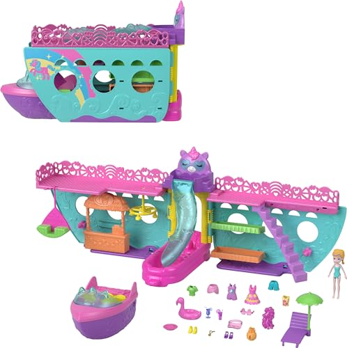 Polly Pocket Tragbares Boot-Spielset mit Wasserspiel und Farbwechsel-Zubehör, Einhorn-Traumkreuzfahrt enthält 1 Puppe und insgesamt 23 Teile von Polly Pocket