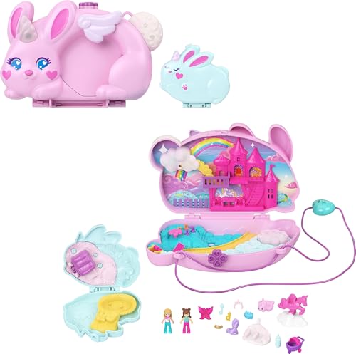 Polly Pocket tragbares Reisespielzeug mit 2 Mikropuppen und 12 Zubehörteilen inklusive Tieren, 2-in-1-Spielset Bunny Fun Taschen-Schatulle, Thema Häschen-Einhorn, JFT88 von Polly Pocket