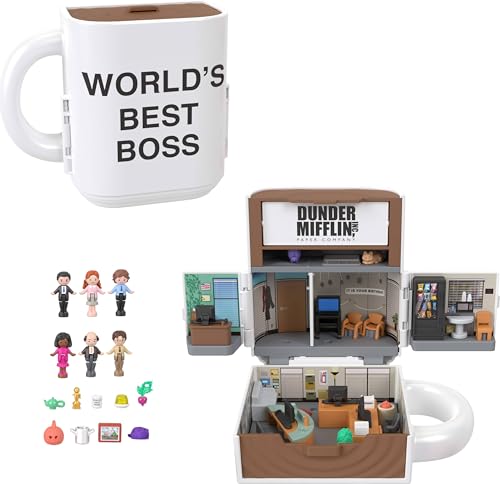 Polly Pocket x The Office-Schatulle, Spielset, 6 Charakterpuppen und 9 Zubehörteile, sammelbares Partnership-Spielzeug, Kaffeetassen-Design, JCC19 von Polly Pocket