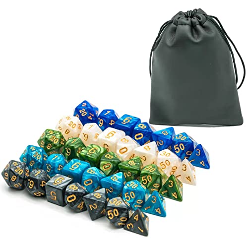 Poludie 5 Sets DND Würfel-Set (35 Stück) mit 1 Leder-Würfeltasche, D&D Würfel-Set für Dungeons und Drachen, RPG, MTG Tischspiele. (5 Sets/35 Stück) von Poludie