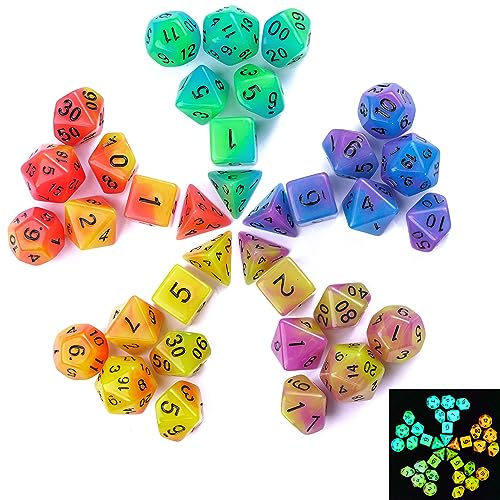 Poludie 5 Sets Glow in The Dark DND Dice, 35Pcs Luminous Polyhedral Dice Set with 1 Leather Dice Bag, Glowing D&D Dice for Dungeons and Dragons, RPG, MTG Table Games(5Sets/35Pcs Glowing Dice) von Poludie