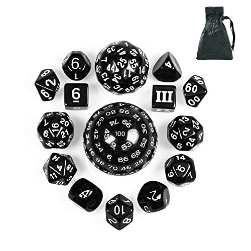 Poludie Polyedrisches DND-Würfel-Set, D3-D100, kugelförmig, D&D-Würfel-Set, D100 RPG-Würfel für Dungeons und Dragons, RPG, MTG-Tischspiele (schwarz und weiß), 15-teilig von Poludie