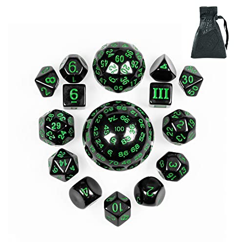 Poludie Polyedrisches DND-Würfel-Set, D3-D100, kugelförmig, D&D-Würfel-Set, D100 Würfel für Dungeons und Dragons, RPG, MTG-Tischspiele (Schwarz / Grün) von Poludie