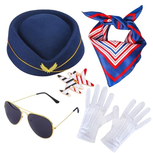 Stewardess Kostüm Zubehör für Damen, 5 Stück Attendant Kostüm Zubehör, Air Hostess Hut mit Schal, Sonnenbrille, Flugzeug Brosche und Handschuhe, Air Hostess Dress Up Cosplay Kostüme Zubehör von Pomurom