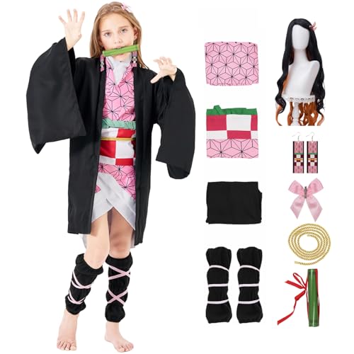 Pomzio Nezuko Cosplay Kostüm Nezuko Mädchen Nezuko Kleid mit Nezuko Perücke für Halloween Karneval 9 Stück Nezuko Cosplay Frauen Kostüme Nezuko Kleidung von Pomzio