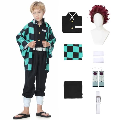 Ponzio Tanjiro Cosplay Kostüm Tanjiro Kind Tanjiro Kleid mit Tanjiro Perücke für Halloween Karneval 9 Stück Tanjiro Cosplay Damen Kostüme Tanjiro Kleidung von Pomzio