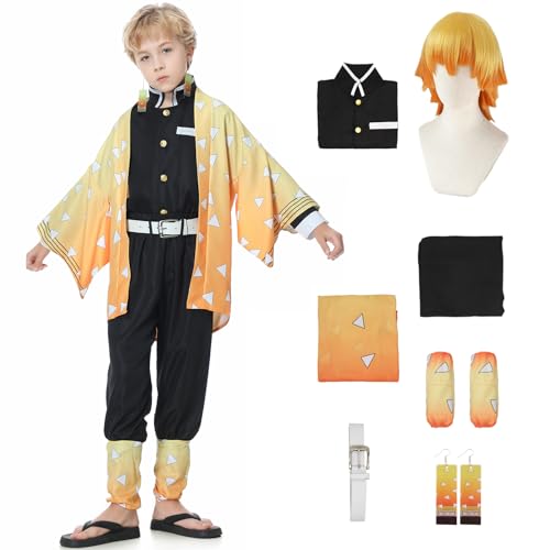 Ponzio Zenitsu Cosplay Kostüm Zenitsu Kind Zenitsu Kleid mit Zenitsu Perücke für Karneval Halloween 9 Stück Zenitsu Cosplay Damen Kostüme Zenitsu Kleidung von Pomzio