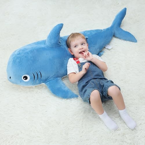 Ponjauk 120cm Hai blahaj Plüschtier, große weißer hai Kuscheltier, Riesen Hai Plüsch Körper Kissen Gewichtung Hai Plüschies Spielzeug Kuschelig Shark Plush für Weihnachten Geburtstag von Ponjauk