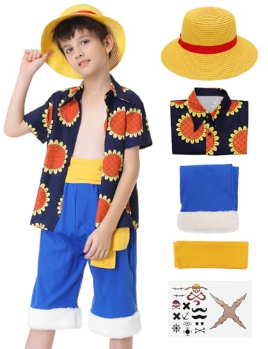 Ponjauk Anime Cosplay Kostüm Sonnenblume Kurzärmeliges Hemd mit Piraten Aufkleber strohhut Gürtel für Halloween kinder von Ponjauk