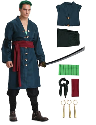 Ponjauk Grüner Anime Cosplay Kostüm Kimono mit Mantel Robe Hose Taillenband Turban Ohrringe für Erwachsene Halloween costume von Ponjauk