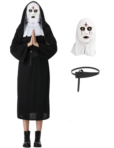 Ponjauk Nonnen Kostüm Damen mit Gruselige Maske, Nonne Kostüm Erwachsene für Halloween Cosplay von Ponjauk