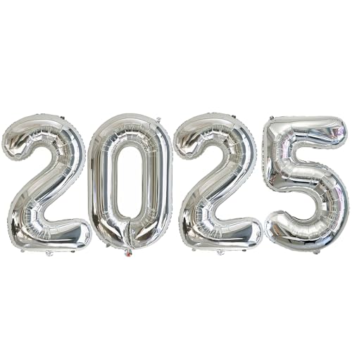 Ponmoo 40 Zoll Foil Luftballons 2025 Silber, 101cm, Aufgeblasen mit Helium oder Luft, Riesige Folienballons 2025, Großer Ballon für Neujahrsparty Dekoration von Ponmoo