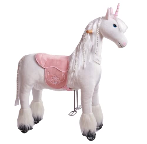 Ponnie Reitpferd mit Rollen Unicorn M (5-12 Jahre), Spielpferd zum Reiten mit Abnehmbarer Rosa Sattel und Halfter mit Zaumzeug, Kämmbare Mähne und Schwanz, Plüschpferd zum Reiten für Kinder von Ponnie