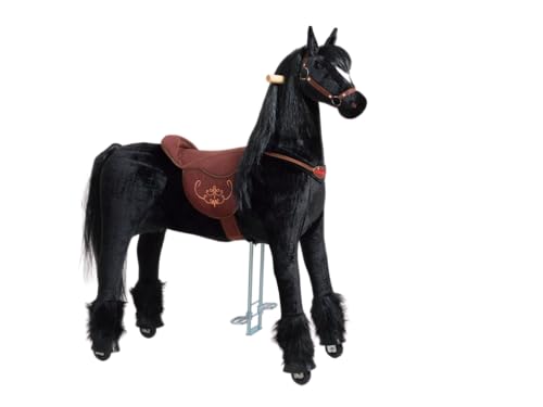 PONNIE Reitpferd mit Rollen Ebony XL (9-99 Jahre), Spielpferd zum Reiten mit Abnehmbarer Braun Sattel und Halfter mit Zaumzeug, Kämmbare Mähne und Schwanz, Plüschpferd zum Reiten für Kinder PRO von Ponnie