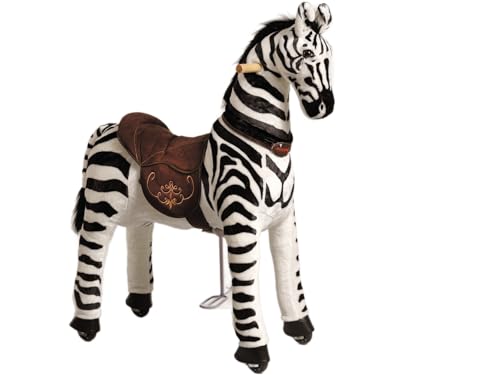 PONNIE Reitpferd mit Rollen Zebra M (5-12 Jahre), Spielpferd zum Reiten mit Abnehmbarer Braun Sattel und Halfter mit Zaumzeug, Kämmbare Mähne und Schwanz, Plüschpferd zum Reiten für Kinder von Ponnie