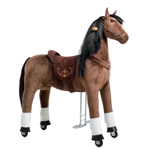 Ponnie Reitpferd mit Rollen Happy XL (9-99 Jahre), Spielpferd zum Reiten mit Abnehmbarer Braun Sattel und Halfter mit Zaumzeug, Kämmbare Mähne und Schwanz, Plüschpferd zum Reiten für Kinder PRO von Ponnie