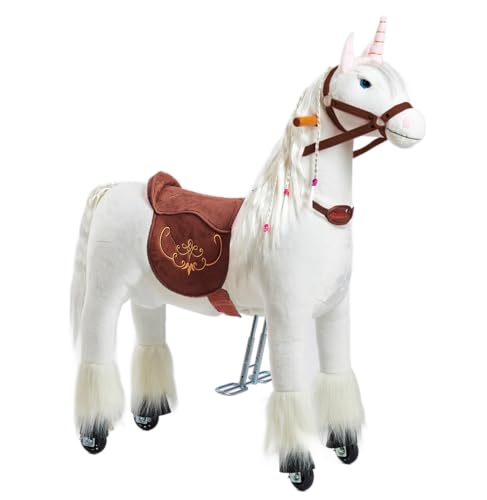 PONNIE Reitpferd mit Rollen Unicorn M (5-12 Jahre), Spielpferd zum Reiten mit Abnehmbarer Braun Sattel und Halfter mit Zaumzeug, Kämmbare Mähne und Schwanz, Plüschpferd zum Reiten für Kinder von Ponnie