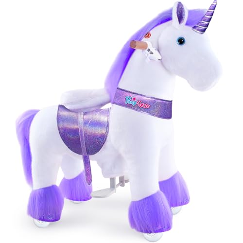 PonyCycle Klassisch Modell U Fahrt auf Einhorn Laufendes Tier Plüschtier Reitendes Einhorn auf Rädern (mit Bremse und Klang/ 76 cm Höhe/Größe 3 für Alter 3-5) Purple Unicorn Ux306 von PonyCycle