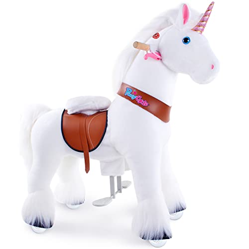 PonyCycle Offizielles Modell U Fahrt auf dem Einhorn Gehende Tiere Plüschtier weißes Einhorn auf Rädern (mit Bremse und Klang / 90cm Höhe/Größe 4 für Alter 4-8) Kinder-Ritt auf Spielzeug Ux404 von PonyCycle