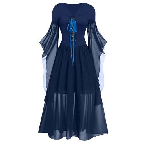 Poo4kark Beauty Gothic Kleider Off Schulter Spitze Fledermaus Ärmel Kleider Medieval Cosplay Kleid (Blue, XXXL) von Poo4kark