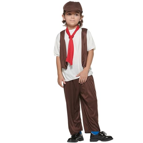 Poo4kark Bierfest Jungen Mädchen Mittelalter Kostüm Hemden Hosen Hut Outfit Knappe Cosplay Junge Kleidung (Coffee, 10-12 Years) von Poo4kark