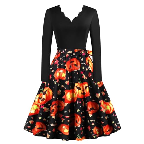 Poo4kark Christmas Damen Vintage Langarm Halloween 1950er Jahre Abend Party Ballkleid (Orange, M) von Poo4kark